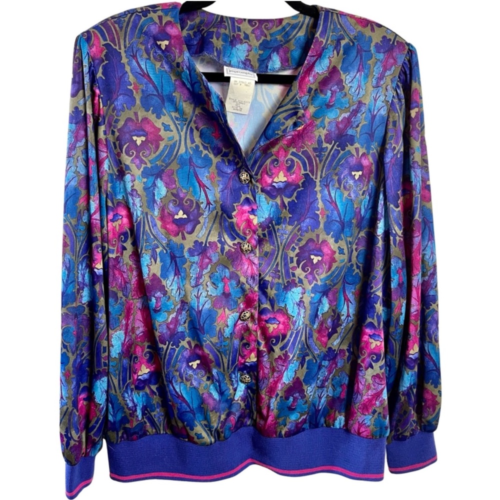 Ladies vintage silky cardigan funky blue and pink print, size L/ XL